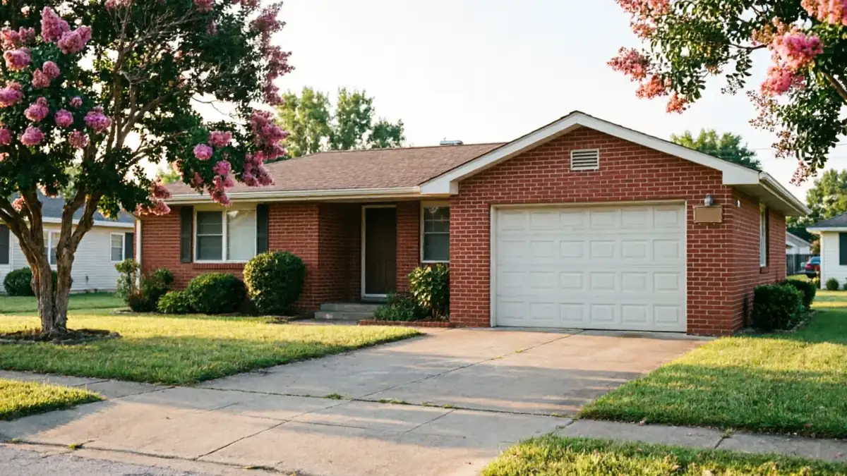 The house has a white garage door, red brick, and a green lawn with flowering trees.