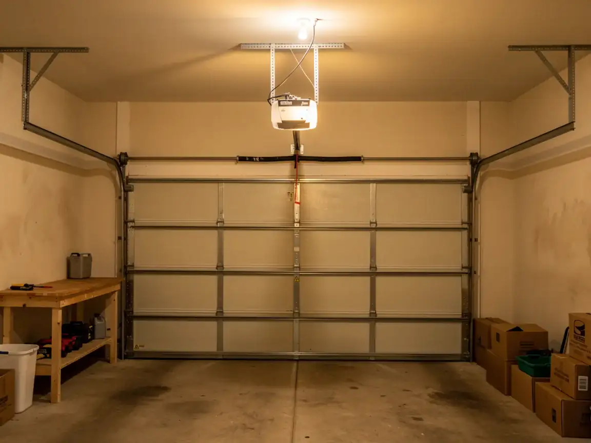 The garage door is closed, with an opener and tracks visible on the ceiling.