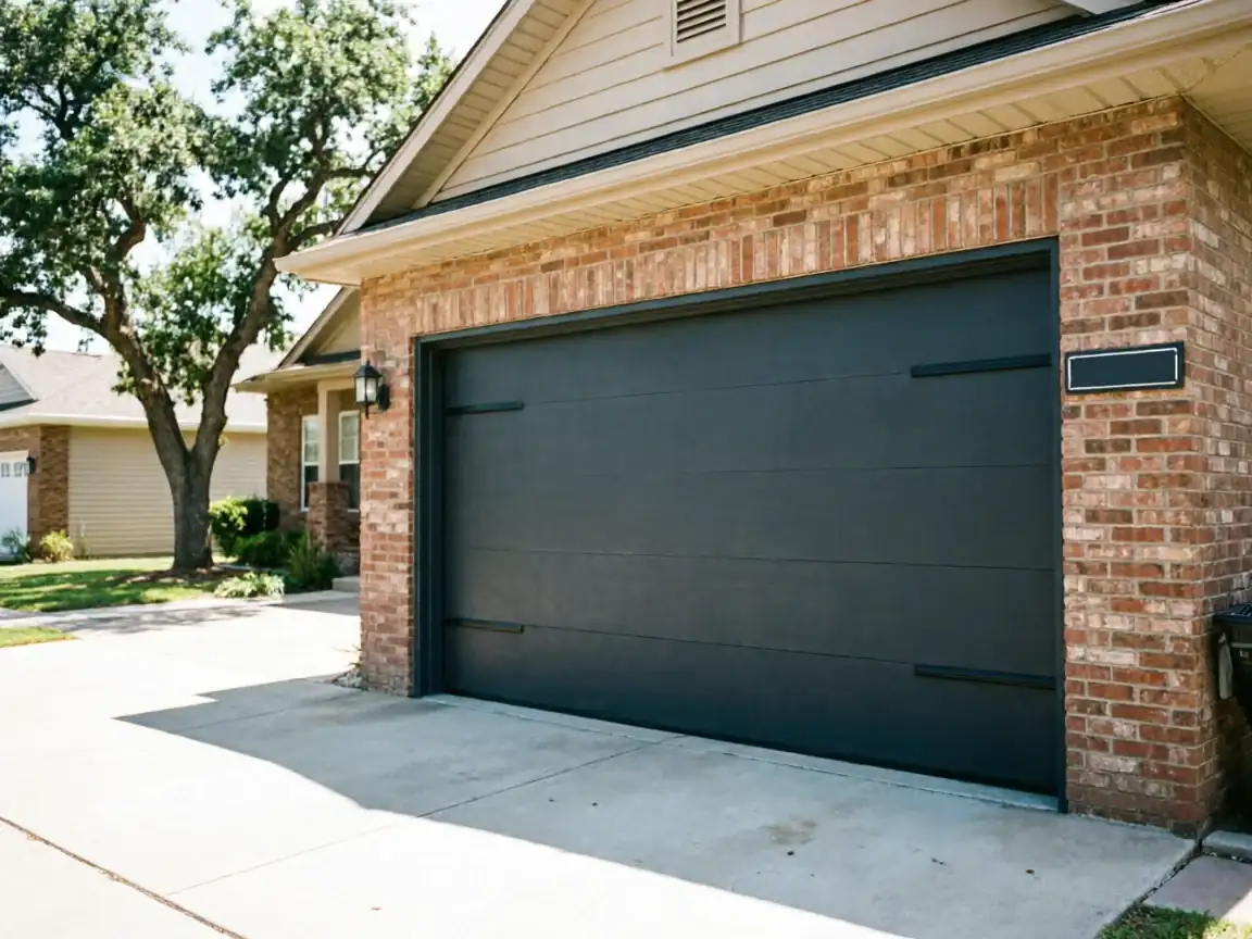 A dark gray garage door is on a brick house with a concrete driveway.