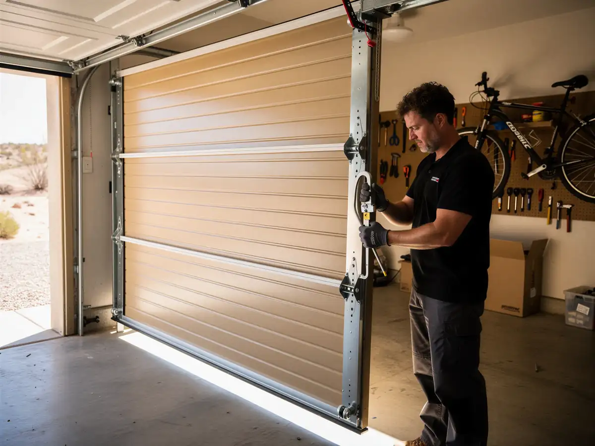 A technician in gloves adjusts a tan garage door inside a garage.