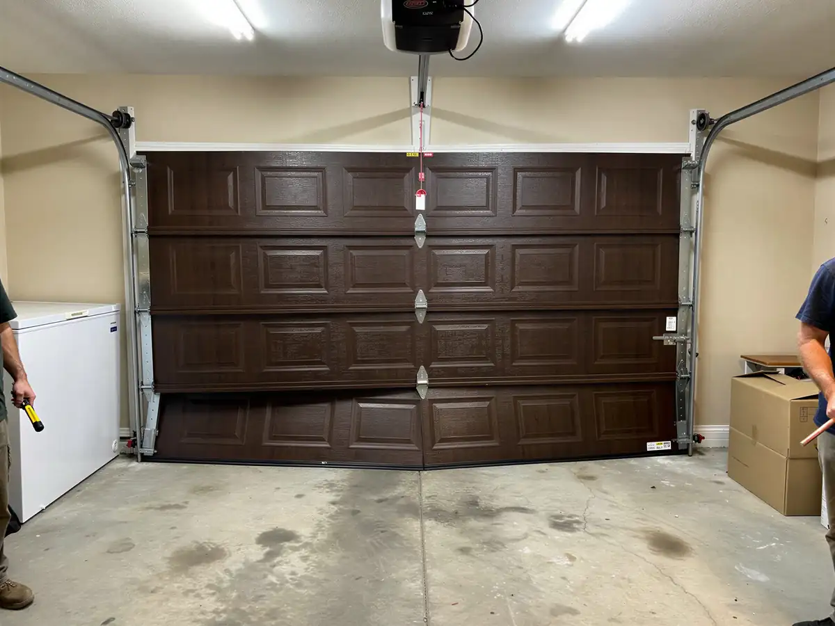 The brown garage door is off its tracks and bent at the bottom.