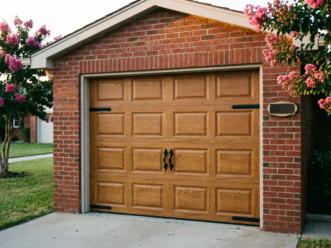 A light brown garage door with black hardware is set in a red brick house.